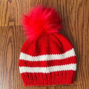 Christmas Handmade Knit Baby Hat with Pom Poms,Red White Chunky Beanie(2-3 Year)